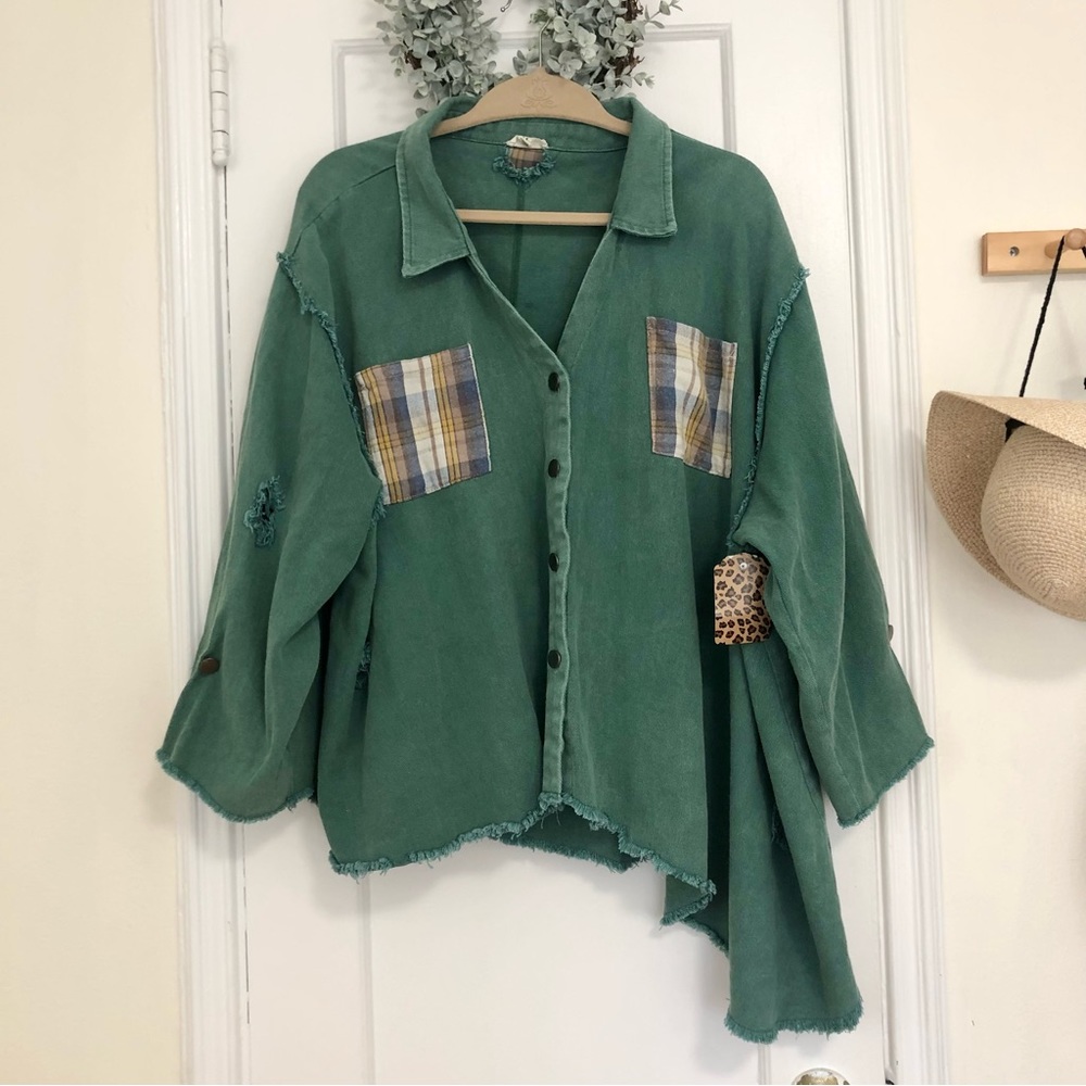 NWT POL green denim oversized Shacket M plaid